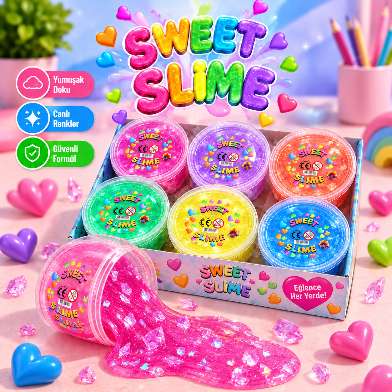 Love Slime - 125g - Pofuduk Slime Hamuru Kristal - 12'li (Tava)